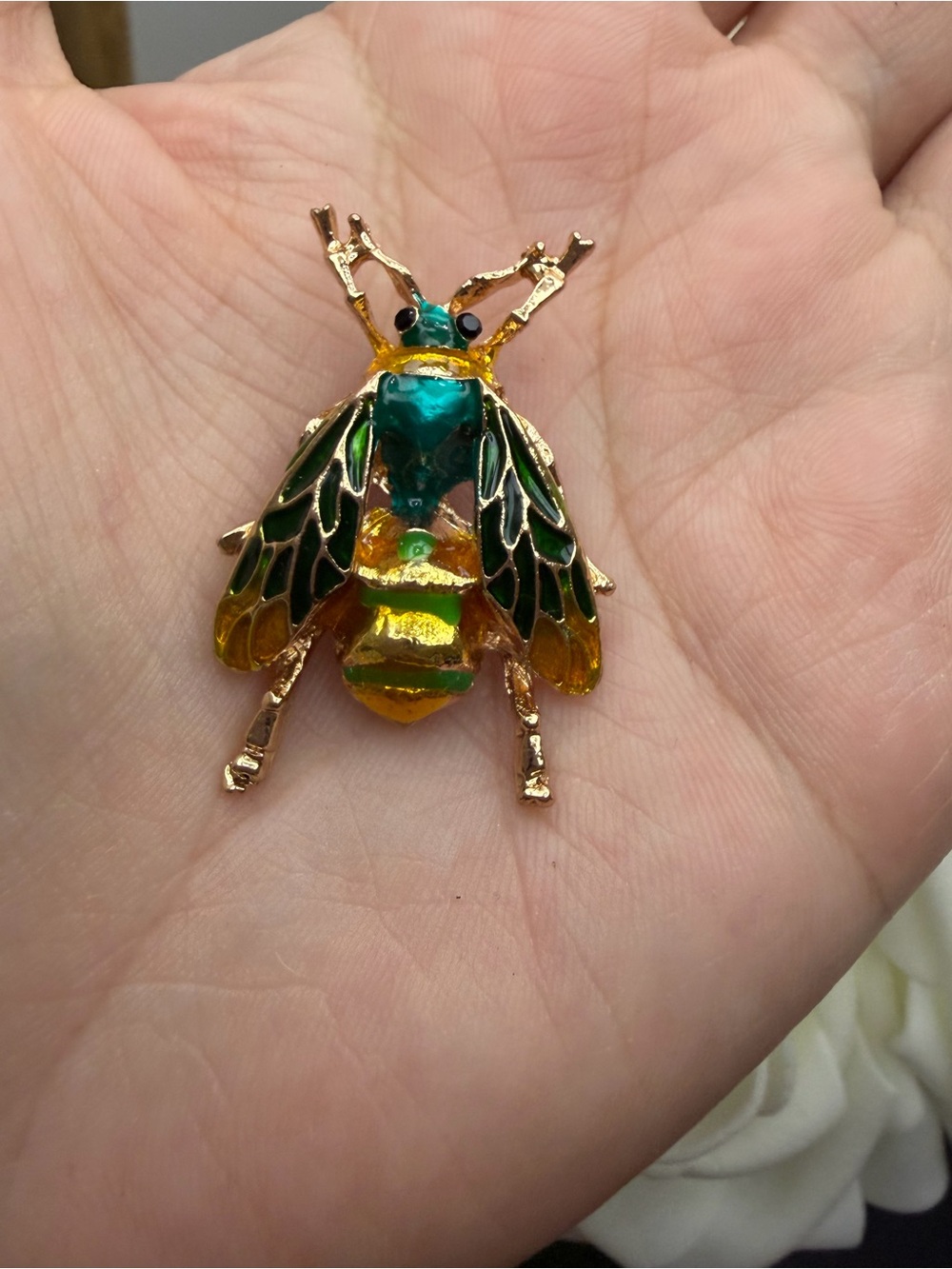 Enamel Bee Brooch in Green and Gold